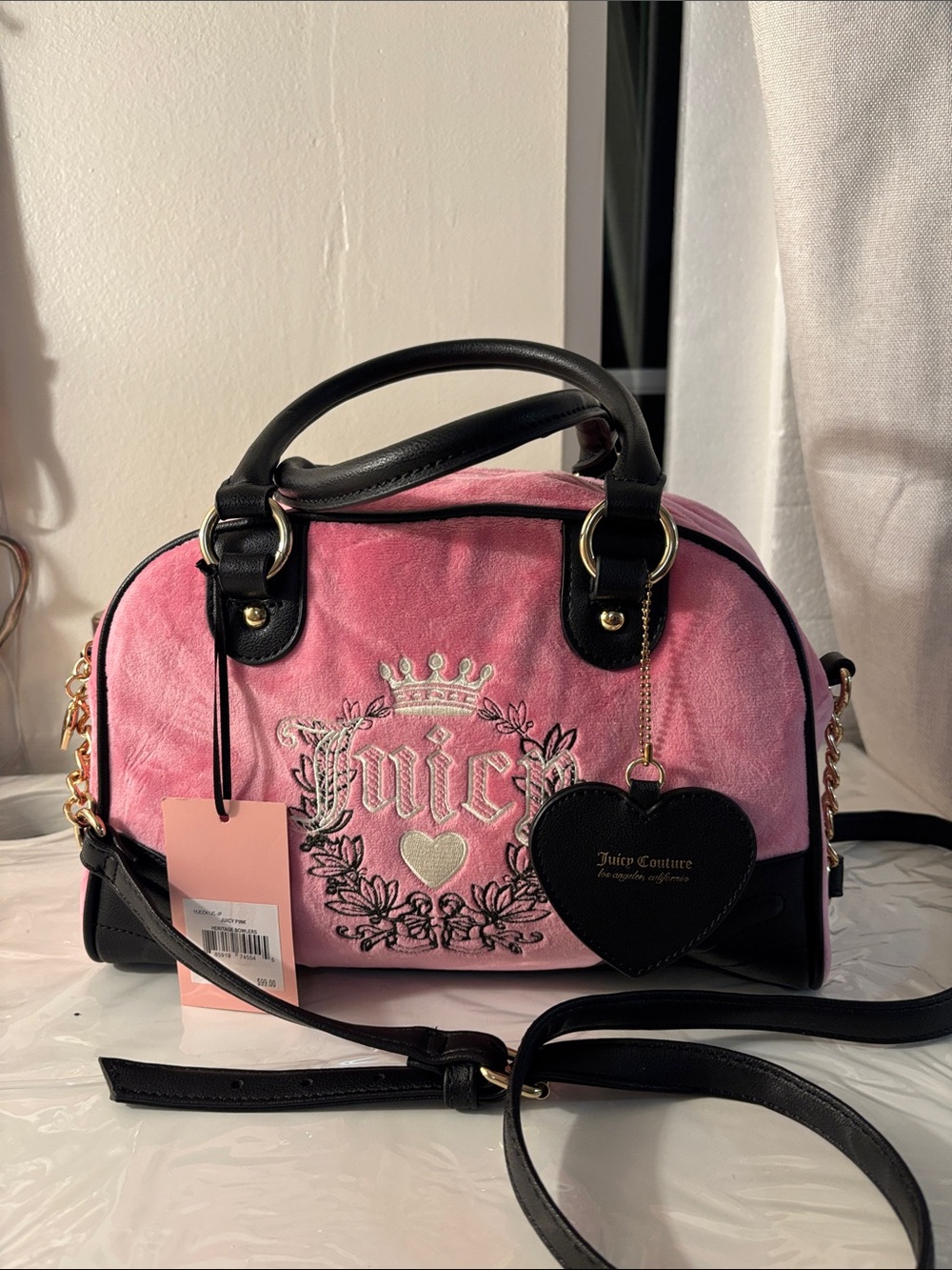 Juicy Couture Pink Velvet Crossbody Satchel with Black Trim